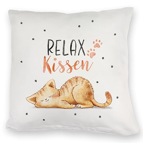 Relaxte Katze Kuschelkissen mit Spruch Relax Kuschelkissen EIN buntes DekoKuschelkissen für die Couch Katzenmotiv süß Katzenliebhaber EntspannungsKuschelkissen Frauen süßes von speecheese