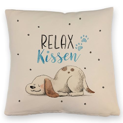 Sofakissen Leinen Hund mit Spruch Relax Kissen Dekokissen mit Füllung und Bezug 40x40 mit Motiv von speecheese