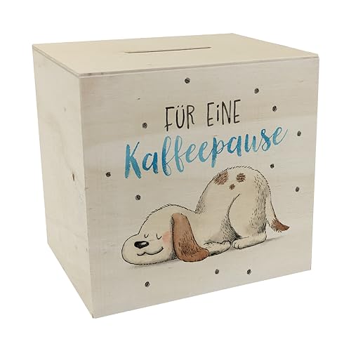 Relaxter Hund Spardose aus Holz mit Spruch Für eine Kaffeepause EIN buntes Sparschwein für Hundebesitzer Motiv süß Sparbüchse Frauen Entspannung Arbeitsplatz entspannt Haustier von speecheese