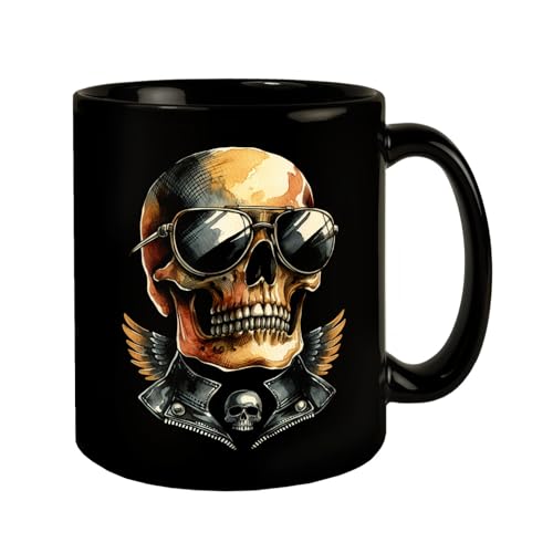 Rocker Totenkopf Tasse schwarz in Schwarz Cooler Schädel Becher mit Sonnenbrille Trendige Skelett Kopf Tasse schwarz Stylischer Sonnenschutz Totenkopf Trinkgefäß Kutte von speecheese