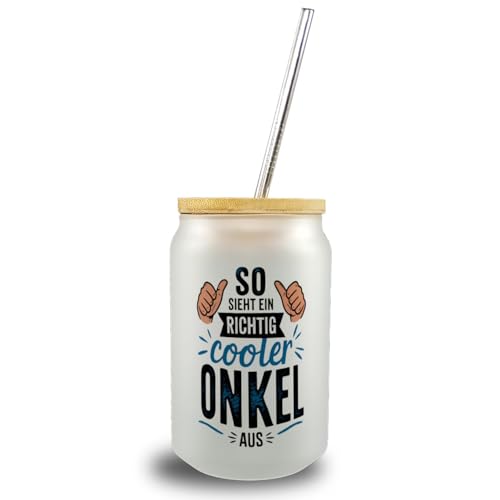 SO SIEHT EIN RICHTIG COOLER ONKEL AUS Trinkglas mit Bambusdeckel Humorvolles grafisches Design in schwarz-blau mit Daumen hoch - Das perfekte Geschenk für coole Onkel von speecheese