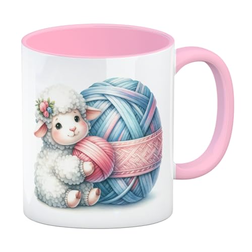 Schaf mit Wollknäuel Kaffeebecher in rosa Flauschig Niedlich Weiches Tier-Motiv Tasse Garn- Wolle-Liebhaber mit Knäuel-Design von speecheese