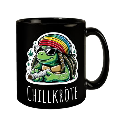 Schildkröte Rastafari Tasse schwarz in Schwarz mit Spruch Chillkröte Lustige Chillkröte Bekifft Dreadlocks Rastafarihut High mit Joint Humorvolles Geschenk von speecheese