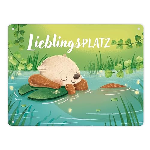 Schlafender Otter Metallschild XL in 21x28 cm mit Spruch Lieblingsplatz Seerosenblatt Frauen Geburtstag Fischotter Schild Blechschild Verträumter Teich Natur Glücklich Wohnung von speecheese