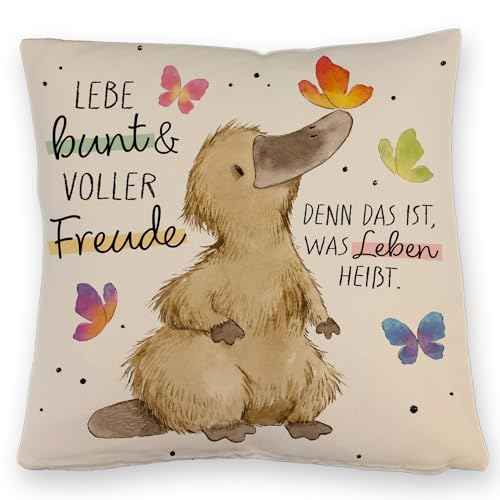 Schnabeltier Kissen mit Leinenoptik mit Spruch Lebe bunt und freudig Sei glücklich im Leben positiver Schlafbegleiter Enten Kissen mit Leinenoptik Glück im Bett von speecheese