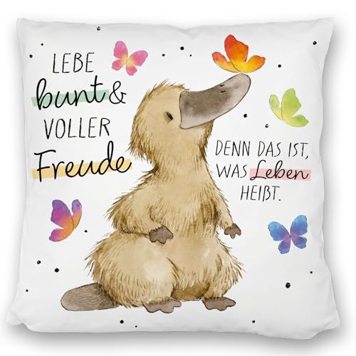 Schnabeltier Kissen satiniert mit Spruch Lebe bunt und freudig Sei glücklich im Leben positiver Schlafbegleiter Enten Kissen satiniert Glück im Bett von speecheese