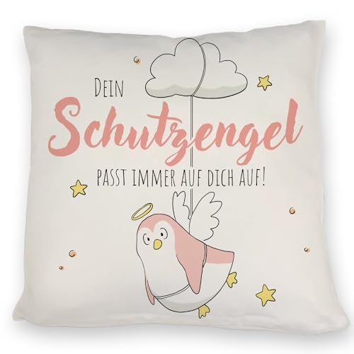 Schutzengel-Pinguin Kissen in rosa mit Spruch Passe Immer auf Dich auf EIN niedliches DekoKissen für die Couch KuschelKissen Pinguin Kinder Motiv Gesundheit Engelsflügeln Sofa von speecheese