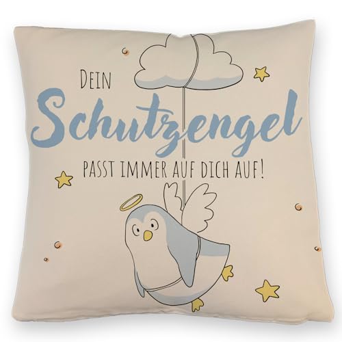 Schutzengel-Pinguin Kissen mit Leinenoptik in blau mit Spruch Passe Immer auf Dich auf EIN niedliches DekoKissen mit Leinenoptik für die Couch KuschelKissen mit Leinenoptik Pinguin von speecheese