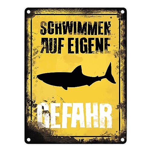 Schwimmen auf eigene Gefahr Metallschild in 15x20 cm für den Pool mit Hai lustiges Blechschild als Pooldekoration für zuhause oder um ungebetene Badegäste abzuschrecken von speecheese