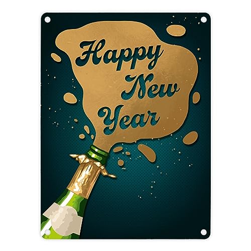 Sektflasche Happy New Year Metallschild in 15x20 cm Blechschild für Silvester als besondere Dekoration mit dem Thema Champagner oder Sekt um die Jahreswende zu feiern von speecheese