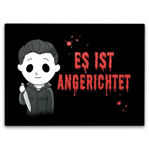 Serienkiller mit Messer Schneidebrett in 39x28cm mit Spruch Es ist angerichtet ein schauriges Kochbrett für die Küche gruseliges Motiv Halloween Männer Küchenbrett Film von speecheese