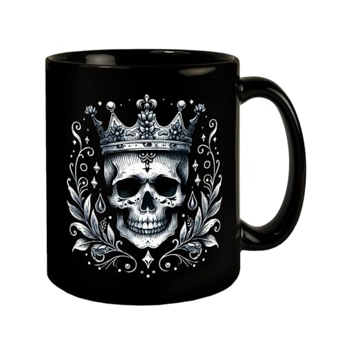 Skelettkönig Tasse schwarz in Schwarz Skelettkönig Kaffeebecher Edler Totenkopf mit Krone Monarchie-Schädel Knochen-Kopf einzigartiges Skelett-Design von speecheese