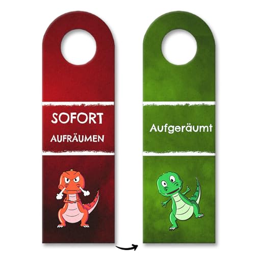 Sofort aufräumen oder aufgeräumt Türhänger 3er Set mit T-Rex Dino in rot und grün Kinderzimmer Schmutz Unordnung Ordnung Aufgaben Regeln Kinder Jugend Pubertät Saustall Erziehung von speecheese