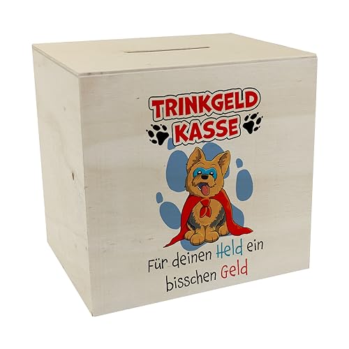 Spardose aus Holz für Trinkgeld mit Hund und Spruch: Für deinen Held EIN bisschen Geld lustige Kasse für Spenden eine besondere Art und Weise die Gäste beim Frisör oder im von speecheese