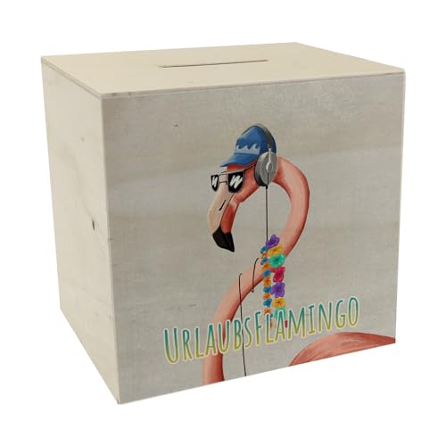 Spardose aus Holz mit lustigem Tier und Text für Urlauber - Urlaubsflamingo witziges Flamingo Geschenk für Menschen die viel in den Urlaub Fahren und vielleicht sogar auf eine von speecheese