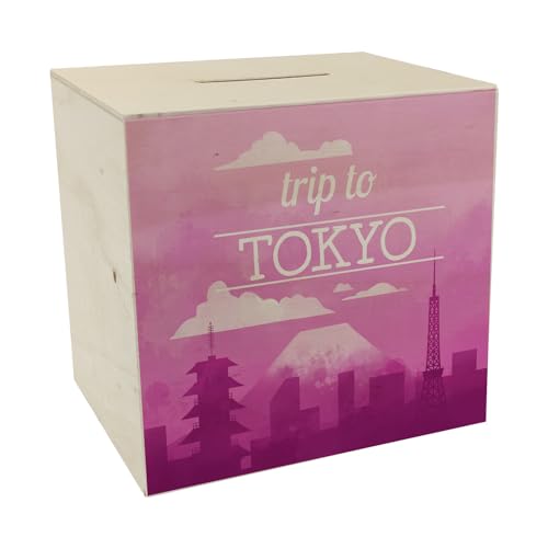 Spardose aus Holz mit schönem Motiv und Text - Trip to Tokyo in pink Spardose aus Holz für den nächsten Städtetrip nach Tokyo als Geschenk für Menschen die gerne und viel um die von speecheese