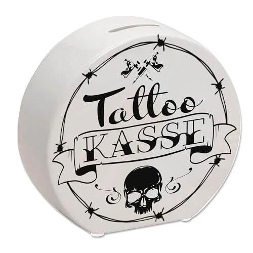 Spardose aus Keramik mit coolen Tattoo-Motiven in weiß - Tattookasse als Geschenk für Punks und Verrückte Freunde die Sich gerne tätowieren Lassen Aber Nicht Immer das nötige Geld von speecheese