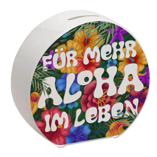 Spardose mit Buntem Blumenmotiv und Spruch - Für mehr Aloha im Leben als Geschenk für Urlauber die etwas Geld für den nächsten Sommerurlaub sparen wollen und gerne mit Blumen von speecheese