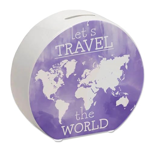 Spardose mit Weltkarten Motiv und Text - Let's travel The World in Lila Spardose mit Wasserfarbenmotiv und schönem Design um auf eine Weltreise oder den nächsten Urlaub im Ausland von speecheese