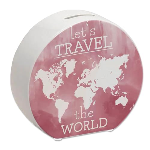 Spardose mit Weltkarten Motiv und Text - Let's travel The World in Rot Spardose mit Wasserfarbenmotiv und schönem Design um auf eine Weltreise oder den nächsten Urlaub im Ausland von speecheese