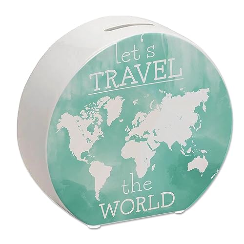 Spardose mit Weltkarten Motiv und Text - Let's travel The World in Türkis Spardose mit Wasserfarbenmotiv und schönem Design um auf eine Weltreise oder den nächsten Urlaub im von speecheese