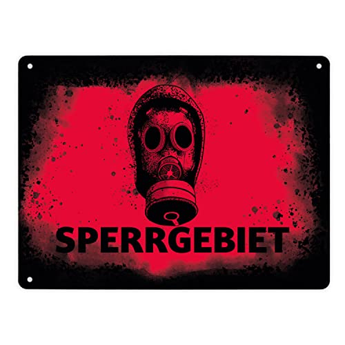 Sperrgebiet Metallschild XL in 21x28 cm mit Gasmaskenmotiv in rot cooles Blechschild mit Schutzmaske im Used-Look für das Zimmer von einem Teenager oder die Toilette von speecheese