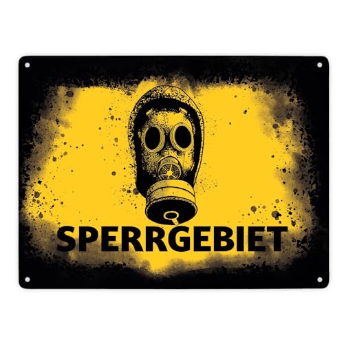 Sperrgebiet Metallschild XXL in 28x38 cm mit Gasmaskenmotiv in gelb cooles Blechschild mit Schutzmaske im Used-Look für das Zimmer von einem Teenager oder die Toilette von speecheese