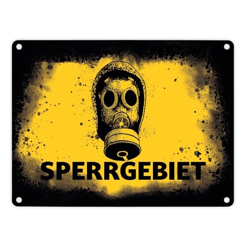 Sperrgebiet Metallschild in 15x20 cm mit Gasmaskenmotiv in gelb cooles Blechschild mit Schutzmaske im Used-Look für das Zimmer von einem Teenager oder die Toilette von speecheese