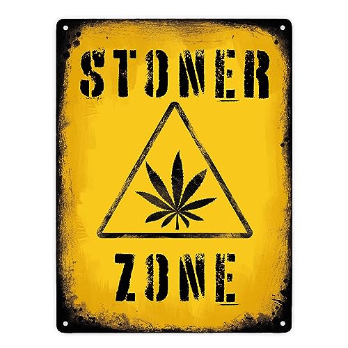 Stoner Zone Metallschild XXL in 28x38 cm mit Marihuanablatt witziges Warnschild für die Zimmertüre mit Grasblatt im Used-Look von speecheese