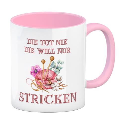 Stricken Kaffeebecher in rosa mit Spruch Die tut nix die will nur stricken Lustige Strick-Tasse Perfekt für Wolle Nähen Entspannung Stricknadeln Schere von speecheese