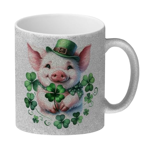 Süßes Schwein das Glück bringt Glitzer-Kaffeebecher Grün Kleeblatt Design Natur Symbol Tier Glücksbringer Pflanze Motiv Tasse Schwein von speecheese