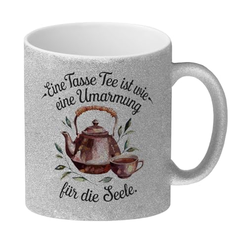 Teekanne mit Tasse - Umarmung für die Seele Glitzer-Kaffeebecher Aquarell-Design Tee-Komplettset Teeblätter auf weißem Hintergrund Ideal für Teeliebhaber von speecheese