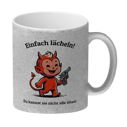 Teufel mit Pistole Glitzer-Kaffeebecher und Spruch Einfach lächeln! Du kannst sie nicht alle töten! Witzige Büro-Tasse für Kollegen mit Teufelchen-Design zur Motivation im Alltag von speecheese