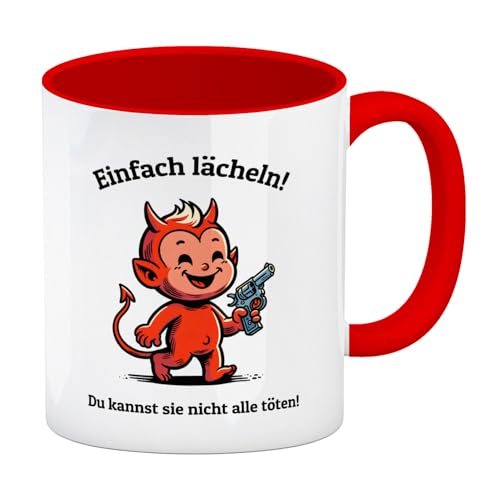 Teufel mit Pistole Kaffeebecher in rot und Spruch Einfach lächeln! Du kannst sie nicht alle töten! Witzige Büro-Tasse für Kollegen mit Teufelchen-Design zur Motivation im Alltag von speecheese