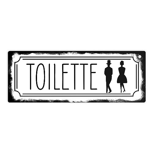 Toilettenschild mit Mann und Frau Metallschild L in 10,5x28cm in Retrooptik ein schönes Blechschild um den Eingang oder den Weg zu deiner Toilette zu verschönern und den Gästen den von speecheese