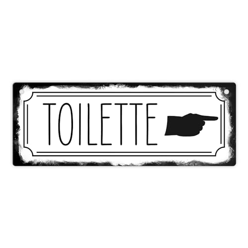 Toilettenschild mit Zeigefinger Metallschild in Retrooptik ein schönes Blechschild um den Eingang oder den Weg zu deiner Toilette zu verschönern und den Gästen den Weg zu zeigen von speecheese