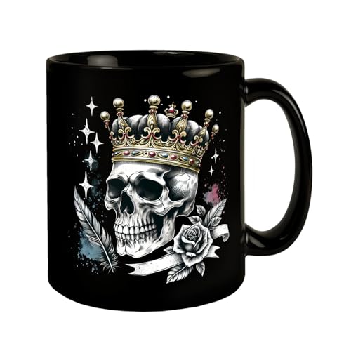 Totenkopf König mit Krone Tasse schwarz in Schwarz Skelett Schädel Kopf Knochen Monarchie Herrschaft Symbol Stilvoller Kaffeebecher für Gothic-Fans von speecheese