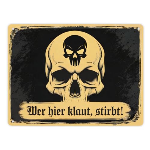 Totenkopf Warnung Wer hier klaut STIRBT Metallschild XL in 21x28 cm Vintage-Stil Wer hier klaut STIRBT Schwarzer Hintergrund gelbe Warnung - eindringlicher Blickfang Totenkopf Warnung Wer hier klaut STIRBT Metallschild XL in 21x28 cm Vintage-Stil Wer hier klaut STIRBT Schwarzer Hintergrund gelbe Warnung - eindringlicher Blickfang von speecheese