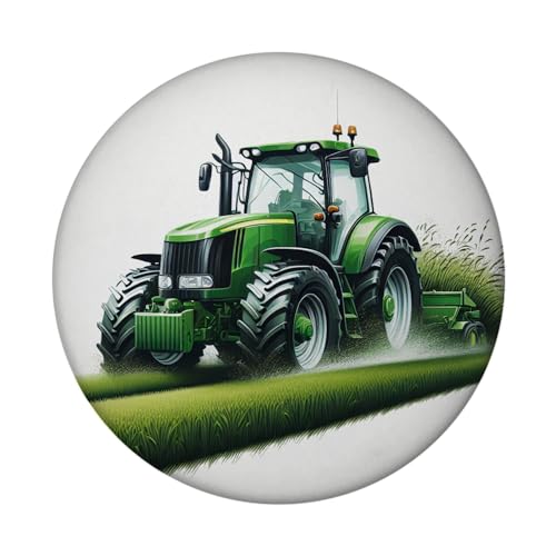 Traktor bei der Feldarbeit Magnet rund mit Flaschenöffner rund Grüner Traktor fährt auf Acker Agrarmaschine für die Landwirtschaft Fahrzeug im Feld von speecheese