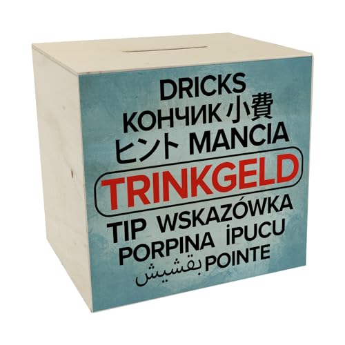 Trinkgeld in verschiedenen Sprachen Spardose aus Holz in blau Sparbüchse für Menschen, die im Dienstleistungsgewerbe Arbeiten mehr Trinkgeld durch mehrsprachige Trinkgeldkasse von speecheese