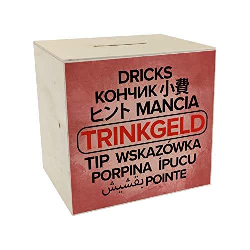 Trinkgeld in verschiedenen Sprachen Spardose aus Holz in rot Sparbüchse für Menschen, die im Dienstleistungsgewerbe Arbeiten mehr Trinkgeld durch mehrsprachige Trinkgeldkasse von speecheese