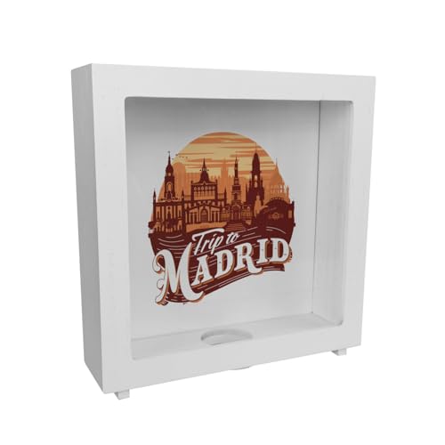 Trip to Madrid - Rahmen Spardose aus Holz Retro-Design Rahmen Spardose aus Holz Spanien Stadtsilhouette Palacio Real Plaza Mayor Trip to Madrid - Rahmen Spardose aus Holz Retro-Design Rahmen Spardose aus Holz Spanien Stadtsilhouette Palacio Real Plaza Mayor von speecheese