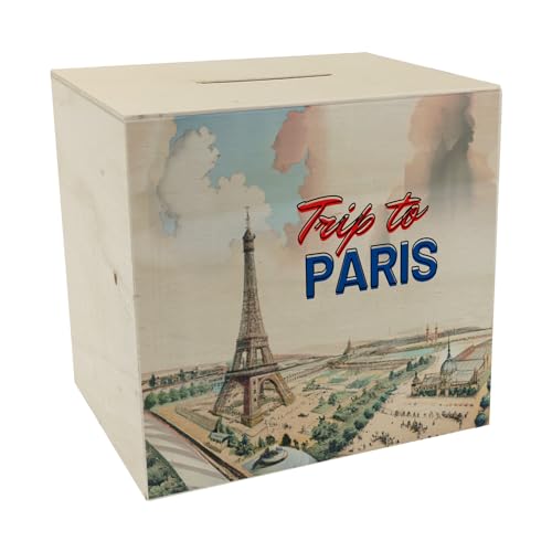 Trip to Paris Spardose aus Holz mit Eiffelturm im Retro Style Paris Weltausstellung Stadt der Liebe Lichterstadt Sparbüchse Geldbüchse Sparschwein Reise Urlaub Sehenswürdigkeiten von speecheese