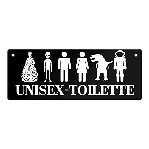 Unisex-Toilette Metallschild L in 10,5x28cm in schwarz Witziges Blechschild Toilette für mehrere Geschlechter mit lustigen Icons ein WC für Herren und Damen und alles andere von speecheese