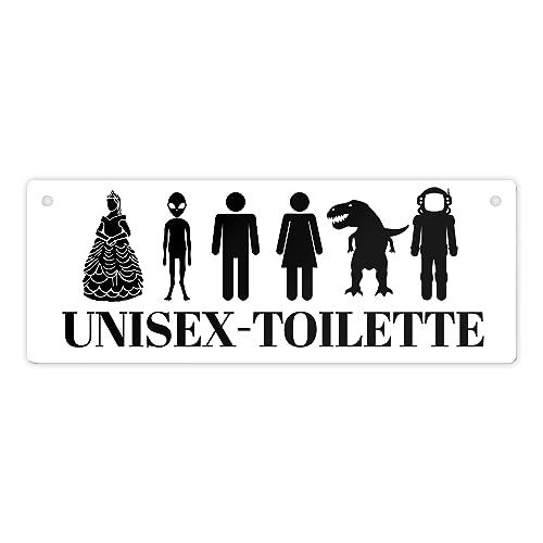 Unisex-Toilette Metallschild in weiß Witziges Blechschild Toilette für mehrere Geschlechter mit lustigen Icons ein WC für Herren und Damen und alles andere von speecheese