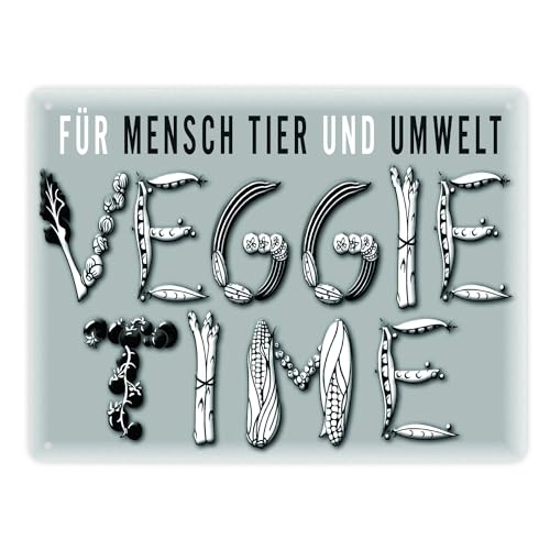 Veggie Time Gemüse Metallschild XL in 21x28 cm in grau zum Thema Vegetarier pflanzlich Metall-Schild Vegan Aluschild Vegetarisch Blechschild Ernährung von speecheese