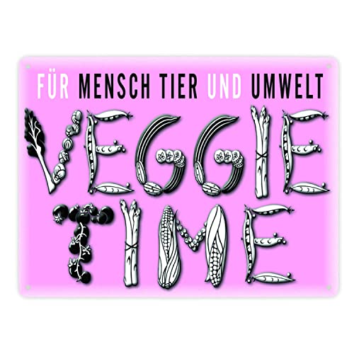 Veggie Time Gemüse Metallschild XXL in 28x38 cm in pink zum Thema Vegetarier pflanzlich Metall-Schild Vegan Aluschild Vegetarisch Blechschild Ernährung von speecheese