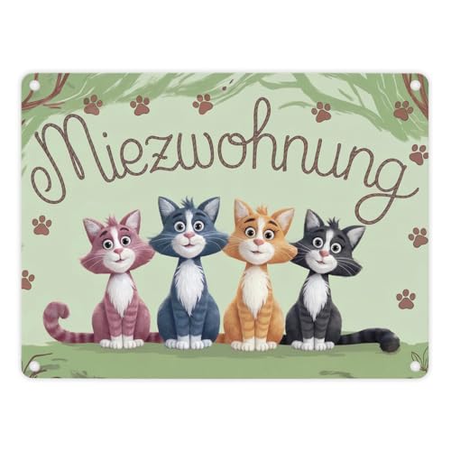 Vier farbige Katzen - Miezwohnung Metallschild in 15x20 cm Verspieltes Design in verschiedenen Farben und sanftem Grünton mit niedlichen Pfotenabdrücken von speecheese