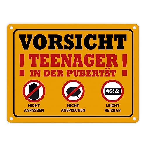 Vorsicht Teenager in der Pubertät Metallschild in 15x20 cm mit Warnhinweisen für Jugendliche zum Geburtstag die gerne ihre Ruhe haben und genervt sind von speecheese