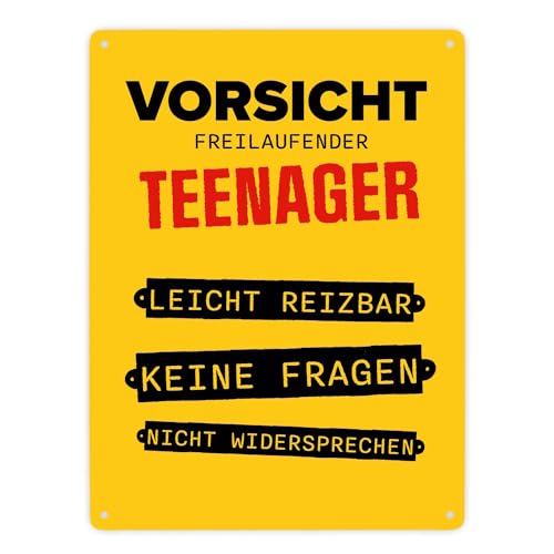 Vorsicht freilaufender Teenager Metallschild XXL in 28x38 cm Warnschild für pubertierende Teens mit witzigen Sprüchen für die Zimmertüre von speecheese